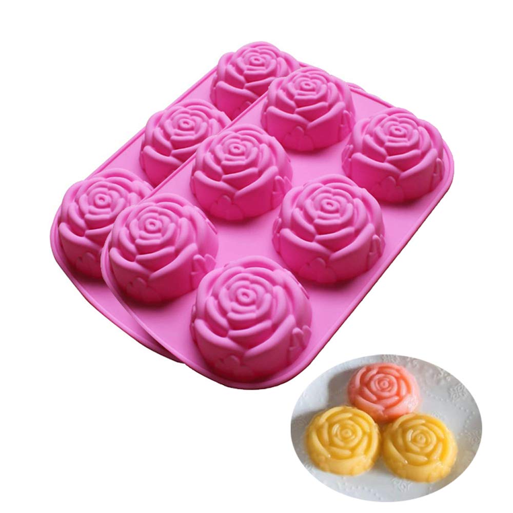 Eco Soap - BAKER DEPOT シリコン製型（手作り石鹸、ケーキ、ゼリー、プリン、チョコレート、焼き菓子用）。6個の型があり、バラの花のデザイン。ピンク色の2個セット。