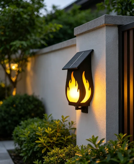 Solar Garden Light - 屋外用ソーラーウォールライト、炎を模した雰囲気のある照明、クリエイティブなデザイン、装飾用ナイトライト、庭や中庭に最適。