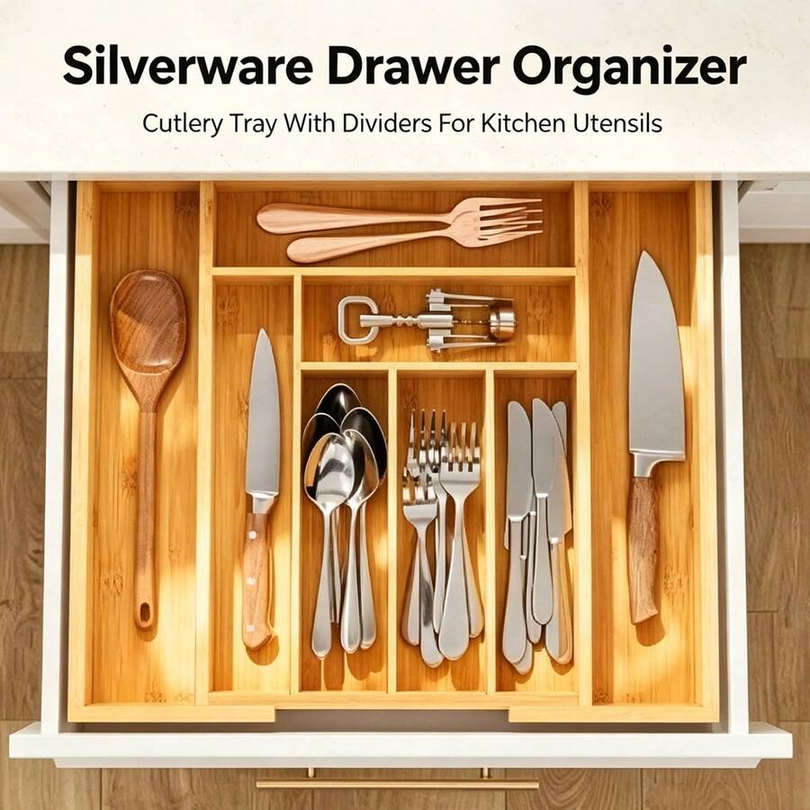 Bamboo Cutlery - 竹製の引き出し収納ケース、拡張可能なC型、仕切り付きのキッチン用カトラリートレイ