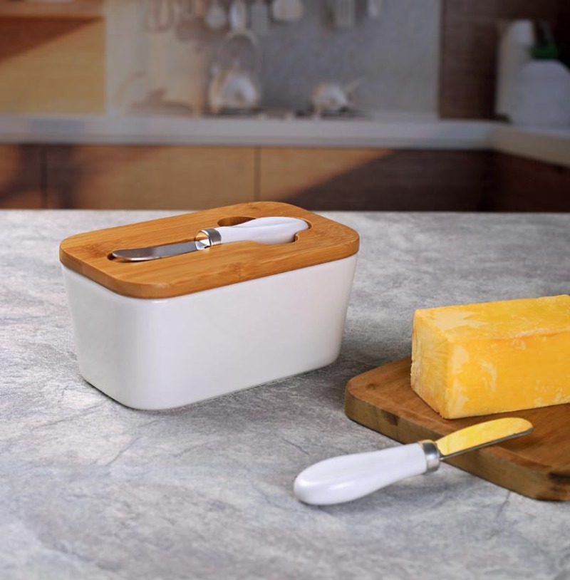 Bamboo Cutlery - シンプルなセラミックバターディッシュ 竹カバー付き バターナイフ 長方形密封ジャー ウエスタンチーズバターボックス 収納ジャー