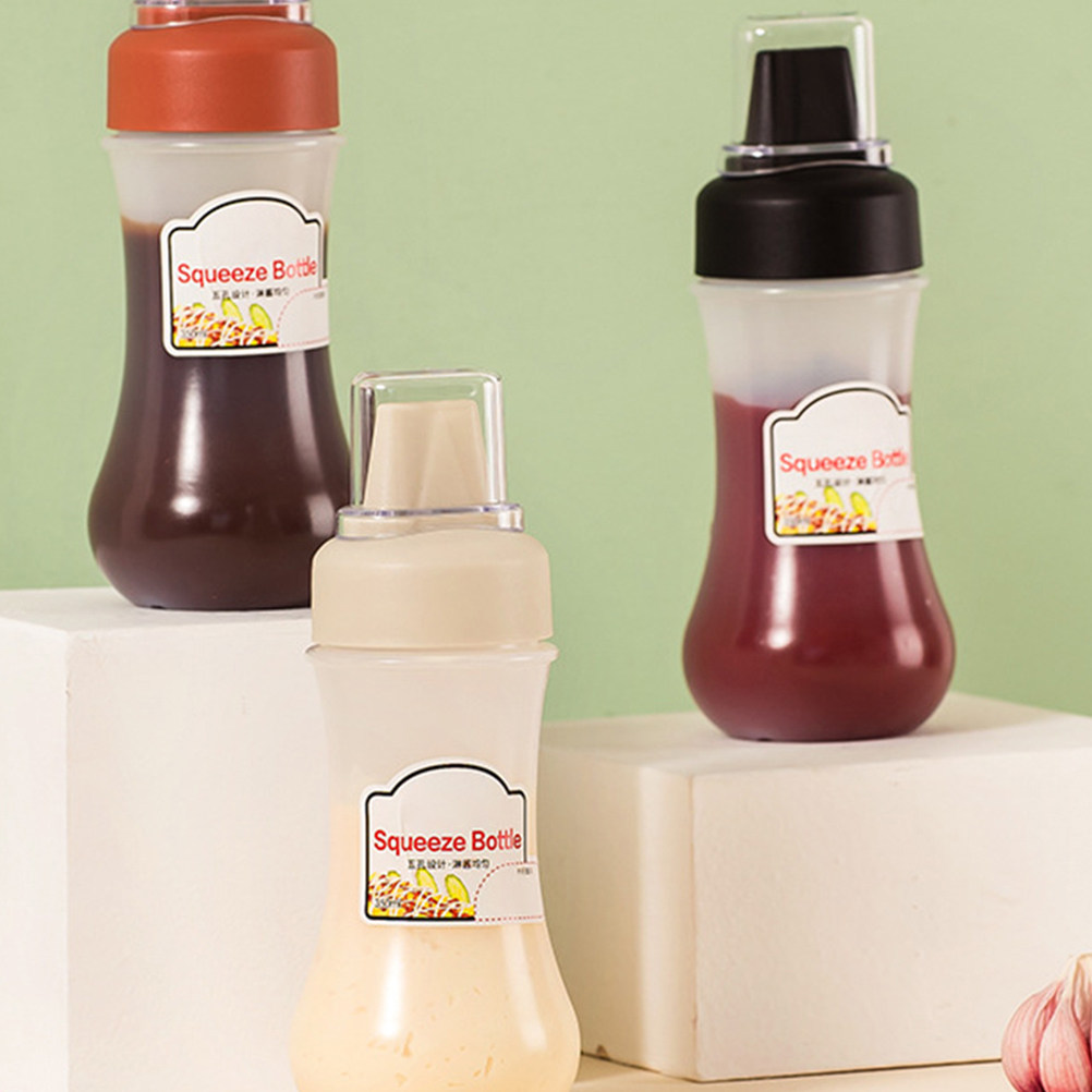 Reusable Bottle - 透明な5穴式の絞り出しボトル3本セット。ケチャップ、マスタード、サラダドレッシングなどの調味料を再利用できるキッチン用ボトル。