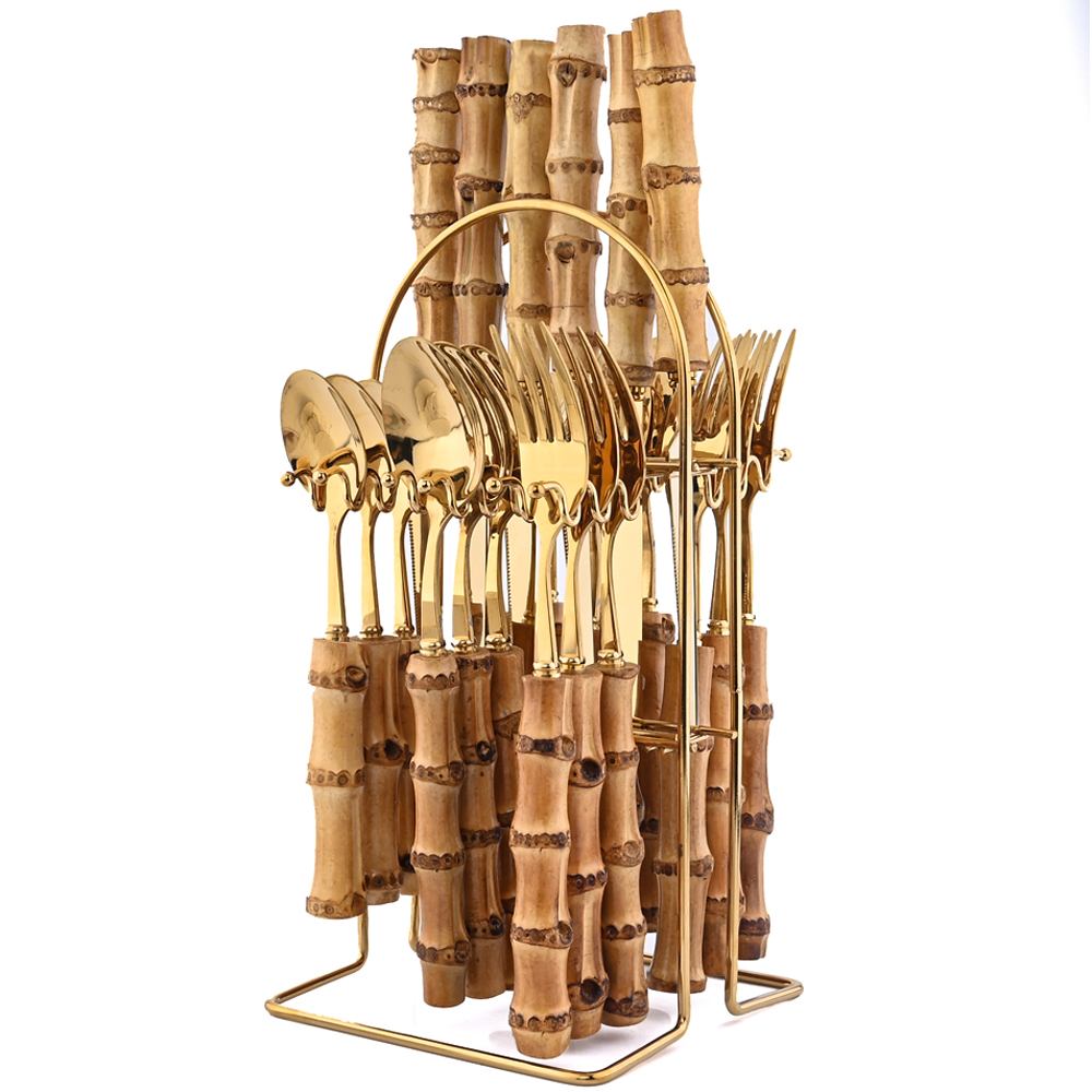 Bamboo Cutlery - 竹ハンドル付き食器セット,創造的なステンレス鋼のカトラリー,フォーク,スプーン,6/24個