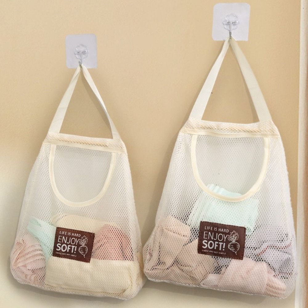 Reusable Bag - 野菜柄の下着、靴下、小物などを収納できる、穴あきで持ち手が広く、吊り下げ可能なネット製の収納バッグ。再利用可能で大容量。