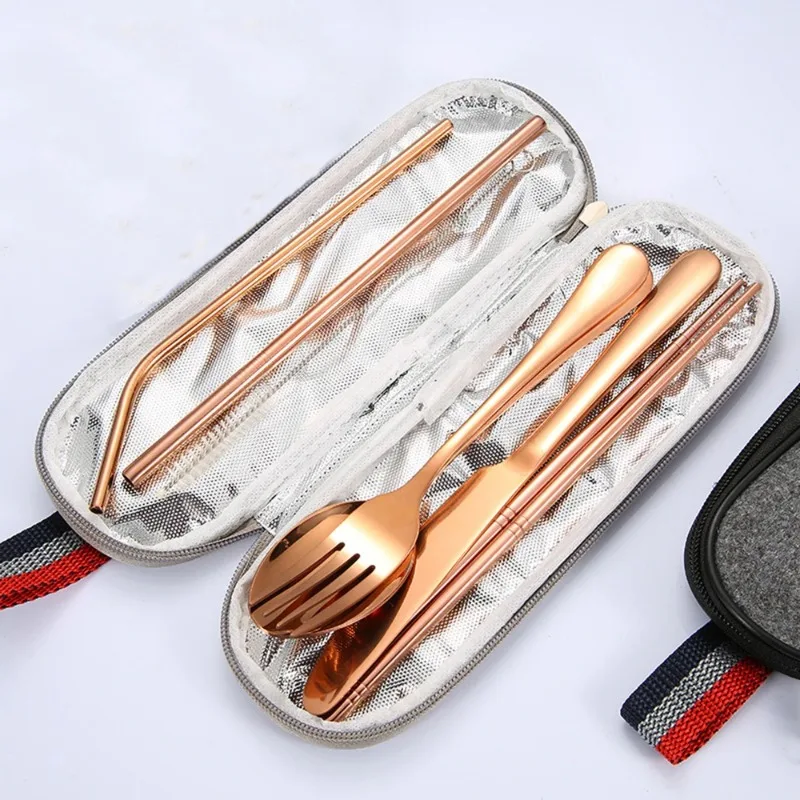 Bamboo Cutlery - 再利用可能なトラベルカトラリーセット、キャンプ用品、ステンレス鋼、スプーン、フォーク、箸、ストロー、ポータブルケース