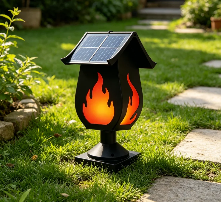 ソーラー式の柱型ライト。炎を模したデザインで、屋外での使用に - Solar Garden Light のレビューと価格