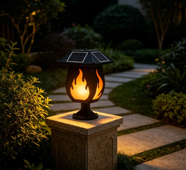 ソーラー式の柱型ライト。炎を模したデザインで、屋外での使用に - Solar Garden Light のレビューと価格