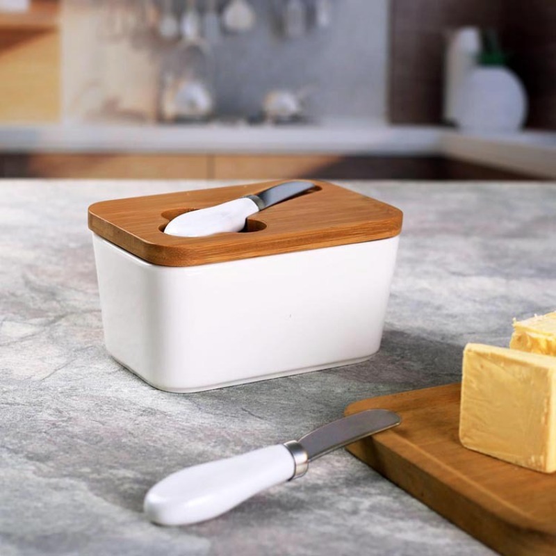 シンプルなセラミックバターディッシュ 竹カバー付き バターナ - Bamboo Cutlery のレビューと価格
